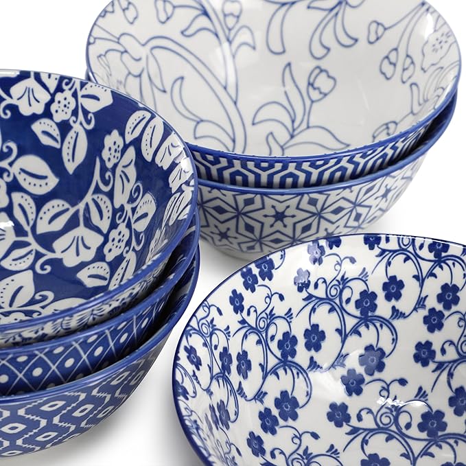Elama Moxy 6 Piece Assorted Design 20 Ounce Porcelain Footed Blue Bowl Set Cereal Bowls Ice cream Bowls Serveware Tableware Set Dinnerware Set (Moxy)