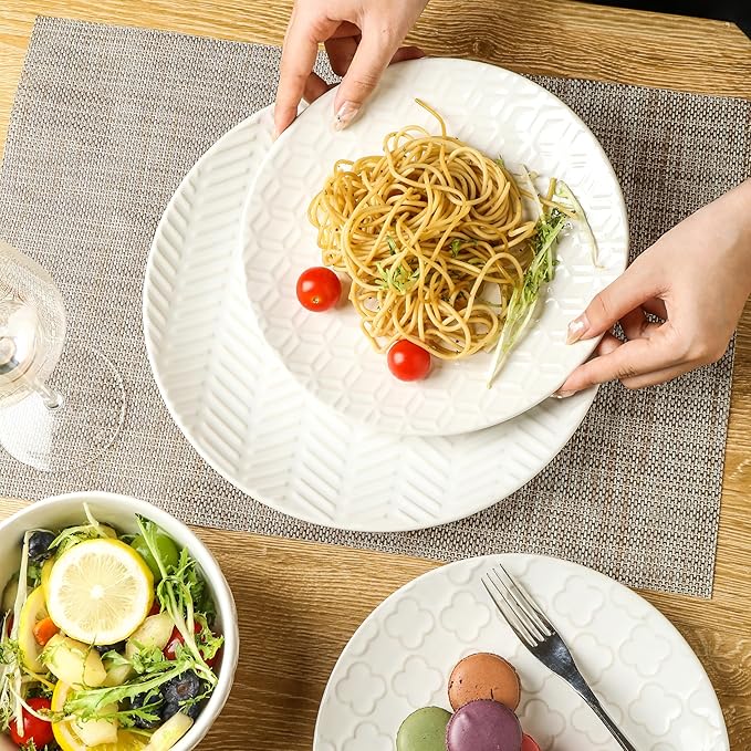 Sureasy Ceramic Dinnerware Set for 4 16 Pieces Embossed Plates and Bowls Sets Scratch Resistant Dish Set Microwave Oven &amp Dishwasher Safe White