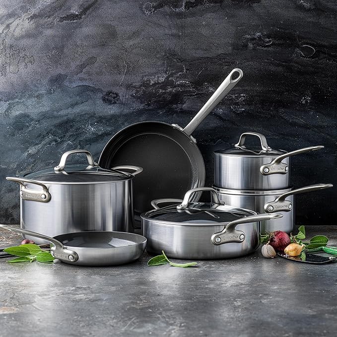 GreenPan Craft Steel 10-Piece Cookware Set with Bonus Pan Protectors Silver