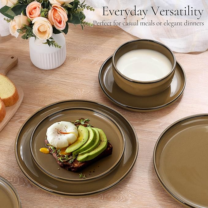 E-far Stoneware Dinnerware Sets for 8 24 Pieces Reactive Glaze Plates and Bowls Sets Elegant Dishes with Rustic Terracotta Clay Base Dishwasher &amp Microwave Safe Scratch Resistant Desert Camel