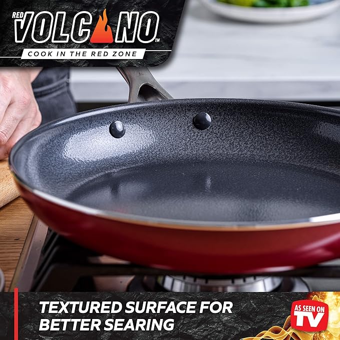 Textured Ceramic Nonstick 10 Frying Pan Skillet with Stainless Steel Handles PFAS PFOA &amp PTFE Free Dishwasher Safe Oven &amp Broiler Safe to 600 Degrees Red
