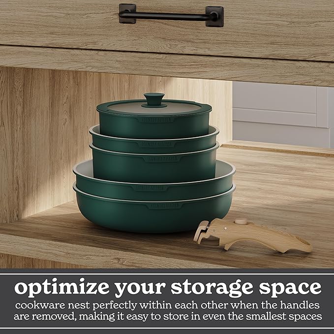 Country Kitchen Cookware Set with Removable Handle Oven &amp RV Safe Pots and Pans Set Sage Wood Handle Original