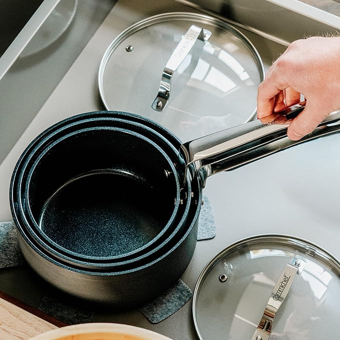 3-Piece Cookware Set Consisting of 14 cm Milk Pan 16 cm Saucepan with Lid and 18 cm Saucepan with Lid Stackable Anodised Aluminium