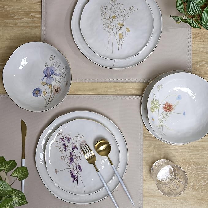 Sango 12-Piece Luxury Porcelain Dinnerware Set for 4- Glossy White Plates and Bowls Sets with Wildflower Patterns and Gold Rims Ceramic Dish Set Elegant Dishes for Everyday Dining Gansevoort