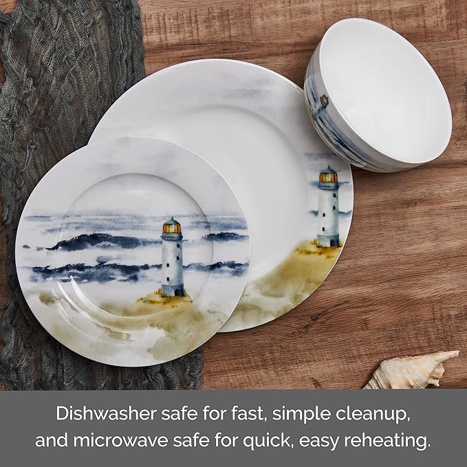 Mikasa Seaside Coastal Bone China Lightweight Chip Resistant 12 Piece Dinnerware Set Service for 4