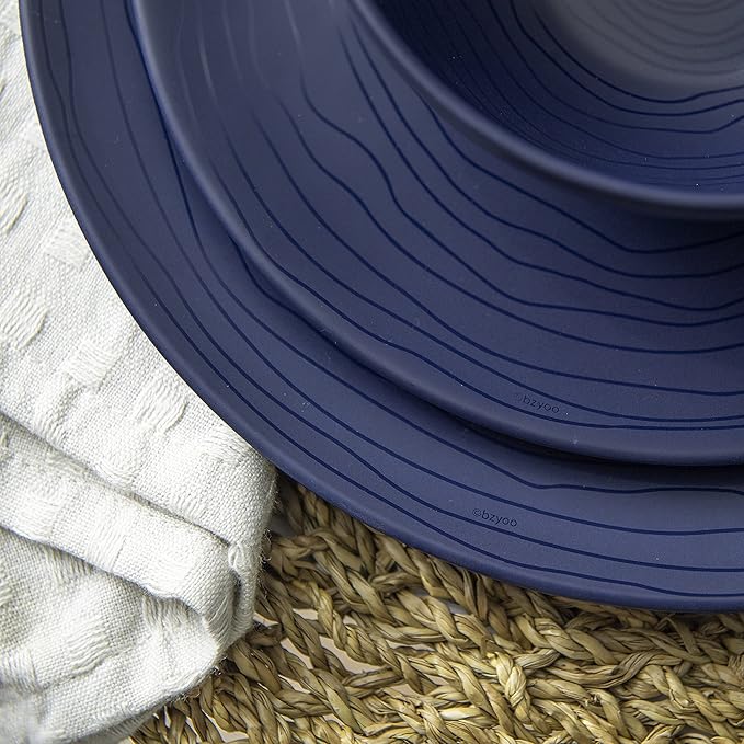 Bzyoo 12 Piece Melamine Dinnerware Set - Durable Dishwasher Safe Organica Navy Blue Plates and Bowls Sets Casual Dish Set for Dining Outdoor and Kitchen