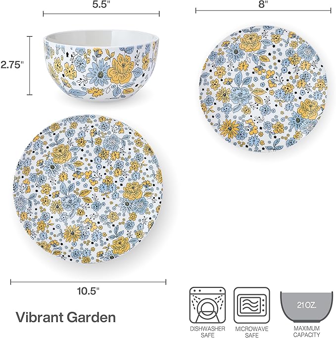 Pfaltzgtraff Vibrant Garden 12 Piece Floral Stoneware Dinnerware Plate Bowl Dish Set Service for 4