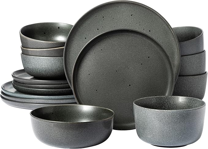 Gibson Elite James Street Stoneware Matte Reactive Double Bowl Dinnerware Set - Truffle Grey Service for 4 (16pcs)