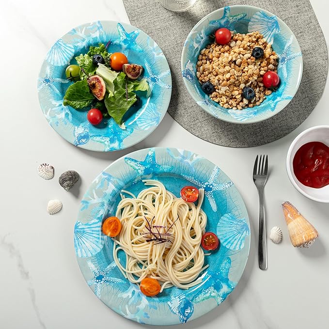 12 PCS Melamine Dinnerware set Unbreakable Coastal Plates and Bowls Set Lightweight Chip Resistant Oceanic Dishes Set Service for 4 Great for Camper RV Indoors Outdoors Use