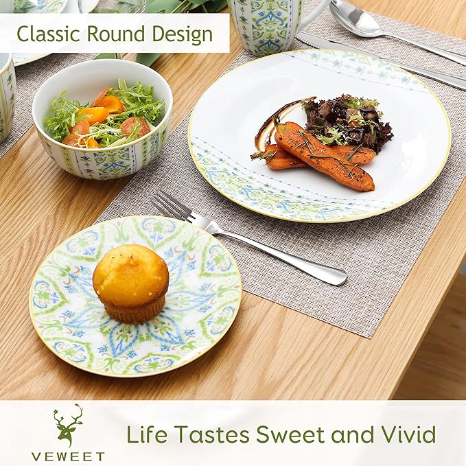 VEWEET Series Magda 16-Piece Dinner Set of Porcelain Combination Set with 10.75 Dinner Plate 7.5 Dessert Plate 5.5 Cereal Bowl and 380ml Mug Service for 4