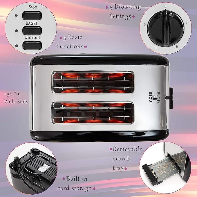 Moss &amp Stone 2 Slice Toaster 1.5in Extra-Wide Slot For Bagel &amp Defrost with 5 Shade Settings Bread Toaster 2 Slice With Removable Crumb Tray Black