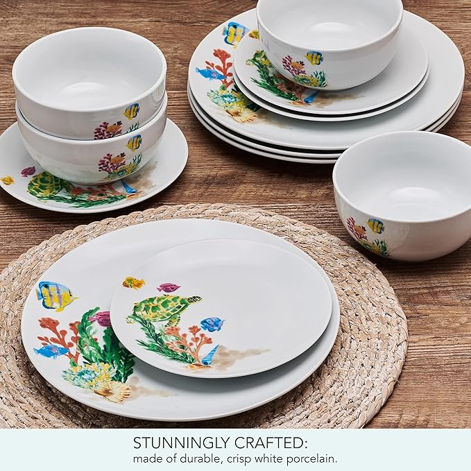 White Ocean Theme Ceramic Dinnerware Set 12-Piece Orange Fish Pattern Dishwasher Microwave Safe Ideal for Family Daily Dining &amp Friend Gatherings 4-Person Set