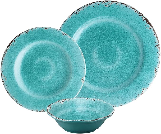 UPware 12 Piece Crackle Melamine Dinnerware Sets Outdoor Dishes Set Plates and Bowls Sets Service for 4 Turquoise