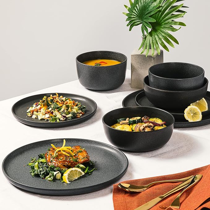 Gibson Elite James Street Stoneware Matte Reactive Double Bowl Dinnerware Set - Truffle Grey Service for 4 (16pcs)