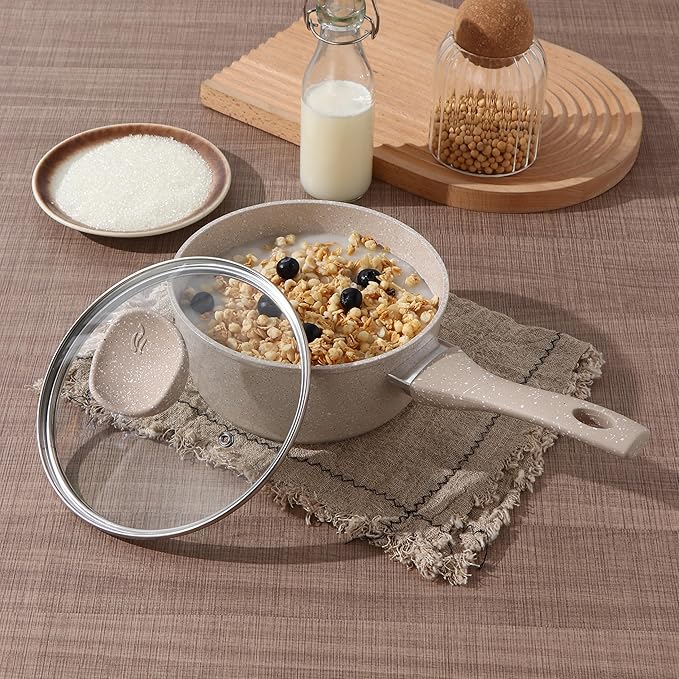 Lorren Home Trends Cookware Set Beige Granite Non-Stick Coating 10-Inch Fry Pan 5-Quart Stock Pot with Glass Lid 1.6-Quart Sauce Pot with Glass Lid 5-Piece
