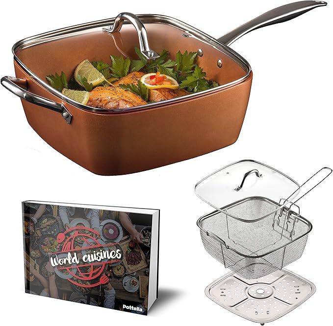 Deep Square 9.5” Nonstick Copper Pan Chef 5 Piece Set Frying Basket Steamer Tray with Bonus World Cuisine Cookbook