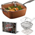 Deep Square 9.5” Nonstick Copper Pan Chef 5 Piece Set Frying Basket Steamer Tray with Bonus World Cuisine Cookbook