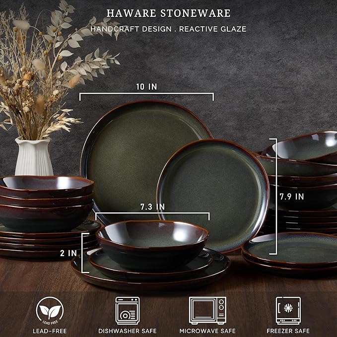HaWare Dinnerware Sets 24-Piece Stoneware Plates and Bowls Set Dish Set for 8 Ceramic Dishware for Home Restaurant Chip and Scratch Resistant Microwave and Dishwasher Safe Reactive Moss Green