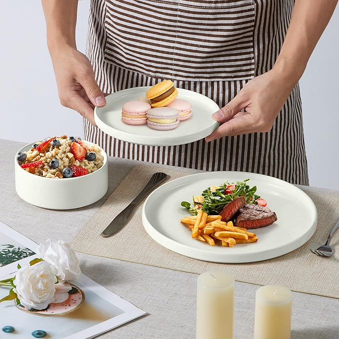 E-far Stoneware Dinnerware Sets with Pasta Bowls Set of 4 Bundle 12PCS Plates and Bowls Dish 35oz Ceramic Large Salad Bowl Plates for Serving Soup Dinner Microwave &amp Dishwasher Safe Speckled W