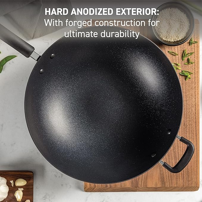 T-Fal Ultimate Hard Anodized Nonstick Wok 14 Inch Oven Broiler Safe 350F Non Stick Stir-Fry Pan Cookware Pots and Pans Kitchen Versatile Deep Frying Sauté Braise Stew Dishwasher Safe Black
