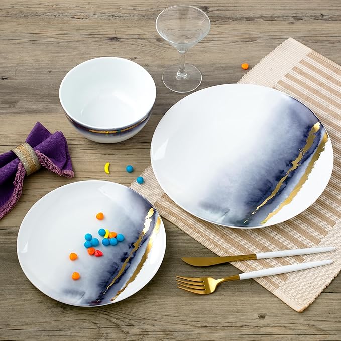Joseph Sedgh Collection “Lazuli” 12-Piece Porcelain Dinnerware Set Service for 4 Blue and Gold