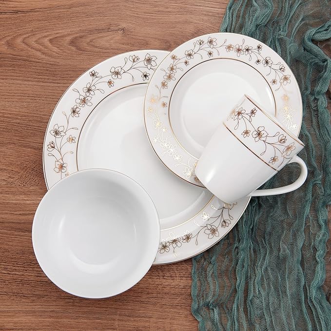 Mikasa Floral Metallic Gold 32 Piece Dinnerware Set Service For 8 White