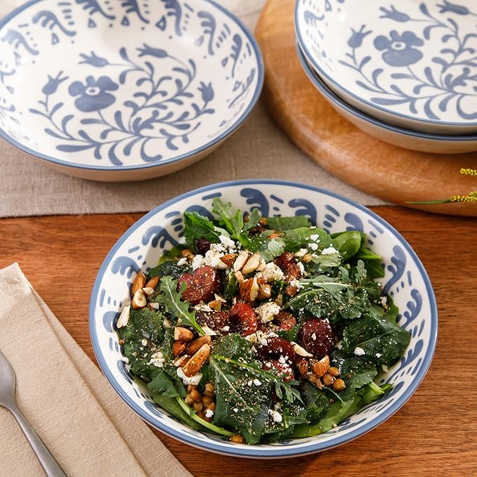 Bloomhouse - 2-Time Oprah’s Favorite Things - Valencia Flor 4 Piece Dinner Bowl Set 8” Stoneware Pasta Bowls Mediterranean Floral Decal Design Microwave &amp Dishwasher Safe Iris Blue