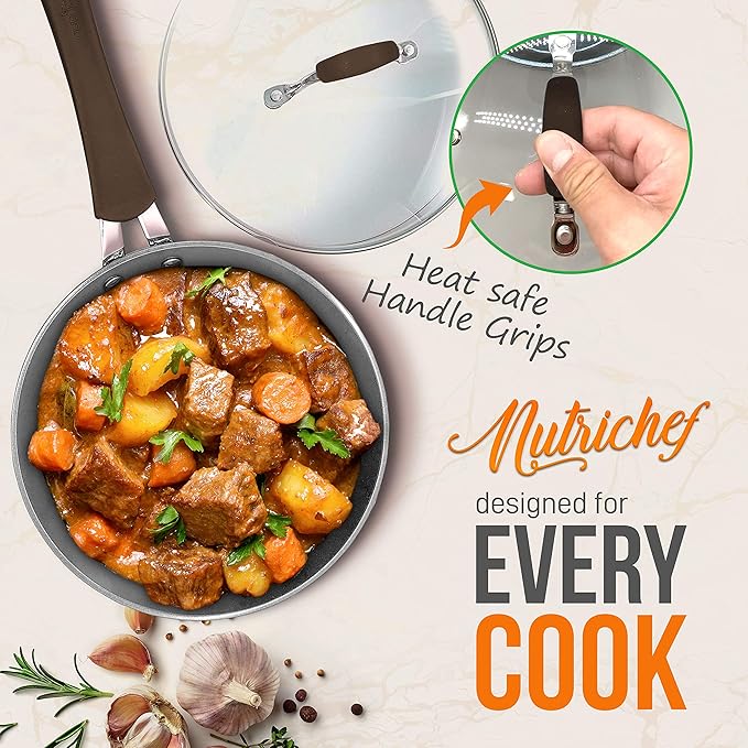 NutriChef 11-Piece Nonstick Kitchen Cookware Set - PTFE/PFOA/PFOS-Free Heat Resistant Kitchen Ware Pots Pan Set Coffee Ceramic Coating - Saucepot Pans Cooking Pot Oven Pot Lid Utensil NCCW11COF