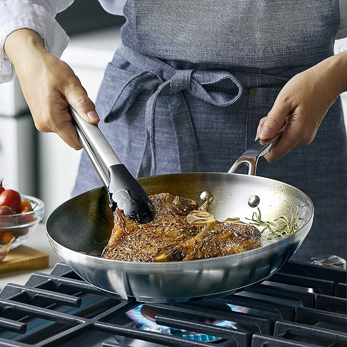 KitchenAid 3-Ply Base Brushed Stainless Steel Induction Pots and Pans Set with Nonstick Round Grill Pan and Lids Dishwasher Safe 10 Piece Cookware Set Brushed Stainless Steel