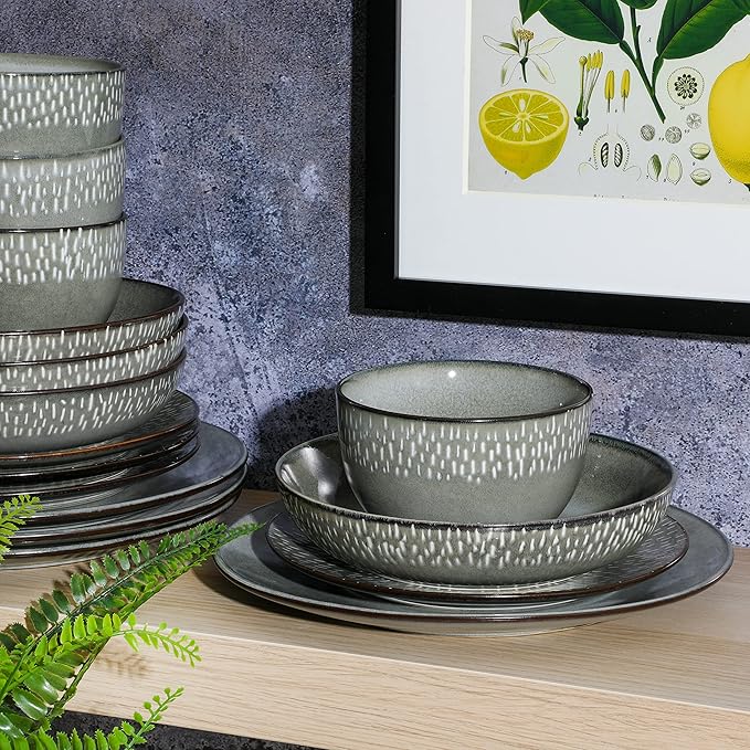 Gibson Elite Matisse 16-Piece Double Bowl Dinnerware Set Service for 4 – Green Stoneware Plates and Bowls