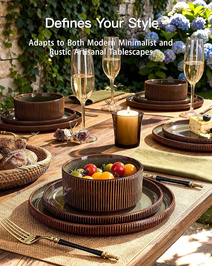 Stoneware Plates and Bowls Dishes Sets Service for 6 (18-Piece) Famiware Premium Handcrafted Reactive Glaze Dinnerware Set with Raised Rim Scratch Resistant Microwave Dishwasher Safe Moss Cocoa