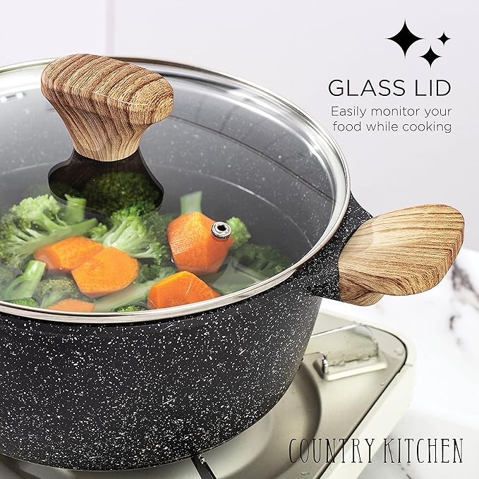 Country Kitchen Non-Stick Cast Aluminum Cookware Set - Durable Kitchen Cookware for Everyday Cooking Speckled Grey 6 Pc.