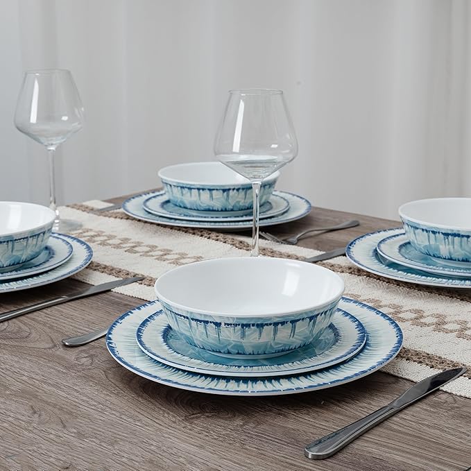 12 Piece Melamine Plates and Bowls Dinnerware Set Lightweight Unbreakable Modern Dishes Set Great for Outdoor Camping &amp Everyday Use Service for 4 BPA Free Light Blue