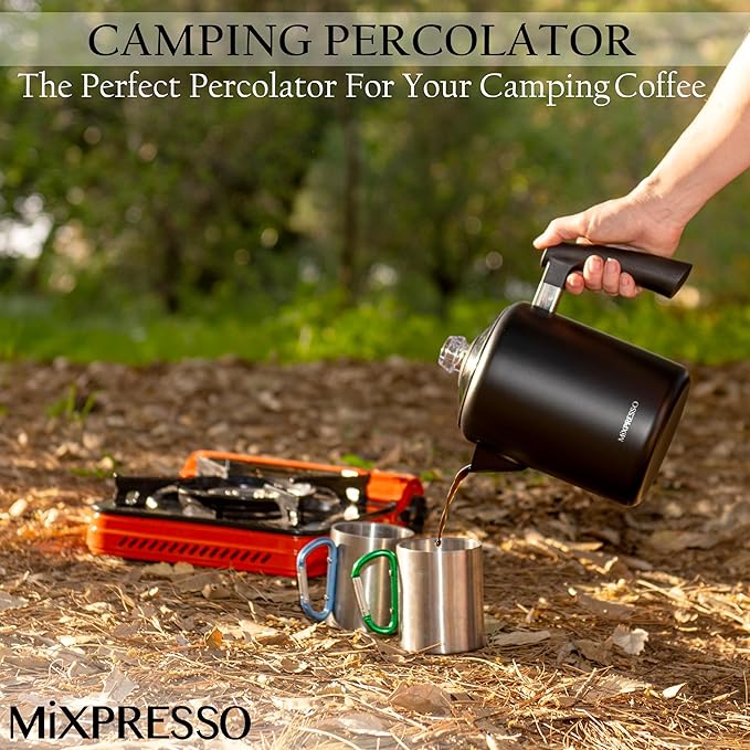 Mixpresso Black Stainless Steel Coffee Percolator Stovetop 37oz Classic Percolator Coffee Pot Great For Camping Pot 5-8 Cup Stove Top Espresso Maker Cool-Touch Handle