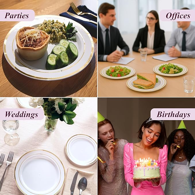 Aya's 60 Pack Heavy Duty Plastic Plates with Gold Rim - 30 Each of 10 Dinner and 7.5 Appetizer White Disposable Plates - Elegant Fancy Plastic Plates for Party Weddings and Special Events