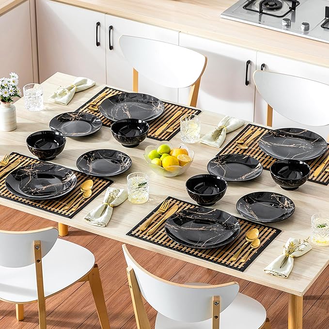 LOVECASA Plates and Bowls Sets for 4 12 Pieces Porcelain Dinnerware Sets Black and Gold Dish Set Gold Splash Dishware Sets Dishwasher Microwave Safe