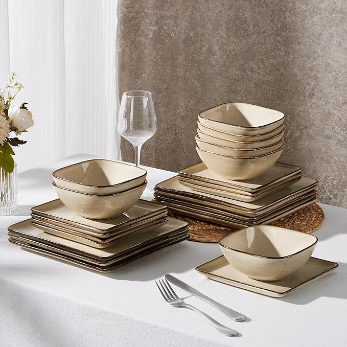 E-far Square plates and bowls Sets for 6 18-Piece Reactive Glaze Stoneware Dinnerware Sets Porcelain Dishware Sets for Kitchen Home Microwave &amp Dishwasher Safe Sandy Beige
