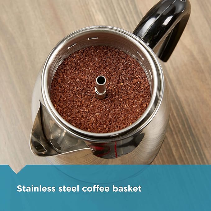 Farberware Electric Coffee Percolator FCP240 Stainless Steel Basket Automatic Keep Warm No-Drip Spout 4 Cup Black/Silver