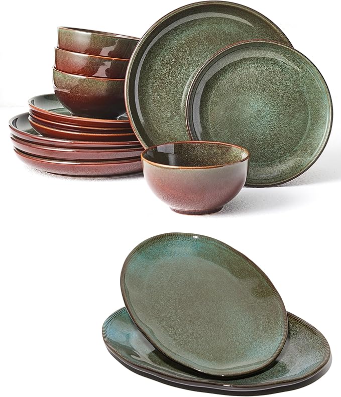 14 Pieces Dinnerware Sets with Serving Platter Brown Green