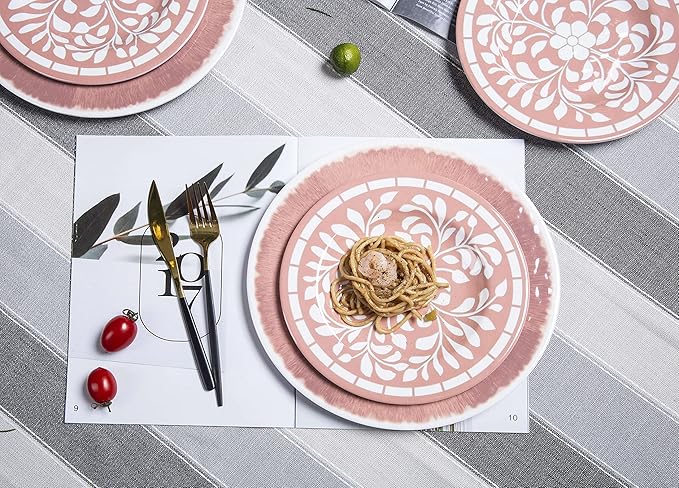 Melamine Dinnerware Sets - 12 Pcs Plates and Bowls SetUnbreakable Dinner Dishes Set for 4Lightweight Dishwasher Safe BPA FreeIndoor Outdoor use Pink