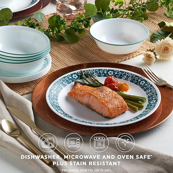 Corelle Vitrelle 18 Piece Glass Dinnerware Sets Service for 6 Triple Layer Chip &amp Crack Resistant Glass Plate and Bowl Sets Penelope