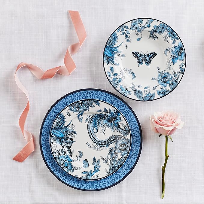 Marchesa Monarcha 12-Piece Dinnerware Set Porcelain Plates and Bowls Set Dishwasher and Microwave Safe Dish Set for 4 Blue