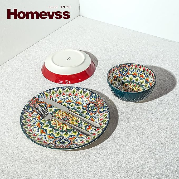 Homevss Boho 10 Pieces Dinnerware Sets Plates and Bowls Set Porcelain Dishes Set for 2 Microwave and Dishwasher Safe Scratch Resistant Bohemian Style Dining Ware Mixed Colors of Green &amp Red