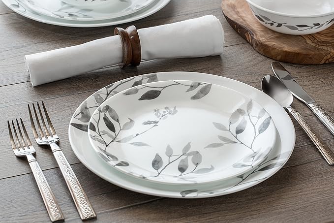 Corelle 12-Piece Vitrelle Misty Leaves Chip and Break Resistant Dinner Set Grey