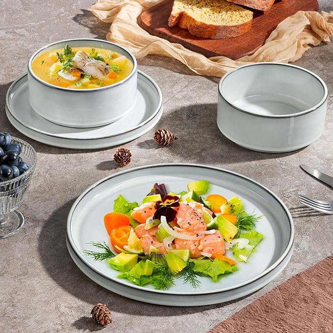 Herogo Plates and Bowls Dinner Dishes Sets for 6 18 Pieces Ceramic Stoneware Dinnerware Set Rustic Terracotta Bottom Dishwasher &amp Microwave Safe Icy White