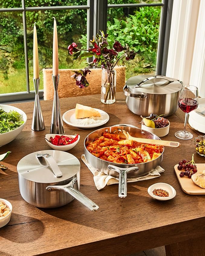 Caraway Stainless Steel Cookware Set – 12 Piece 5-Ply Stainless Steel Pots and Pans Set - Includes Fry Sauce Sauté Pan Dutch Oven and Space-Saving Storage - Non Toxic PTFE &amp PFOA Free