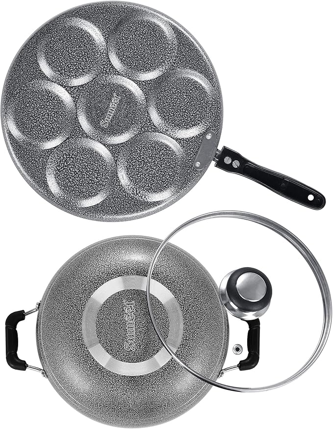 Sumeet NonStick Sudrabs Cookware Set (Kadhai with Glass Lid -2Ltr - 22Cm Dia + Multi Snack Maker - 7 Cavity - 26.5Cm Dia)