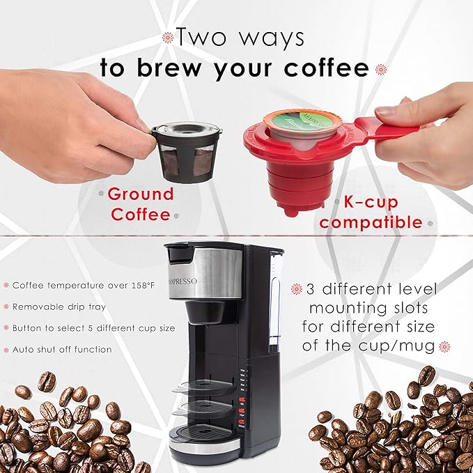 Mixpresso Black Single Serve Coffee Brewer K-Cup Pods Compatible &amp Ground 30 oz Compact Coffee Maker Single Serve With 5 Brew Sizes Up To 14 Oz Fits Travel Mug Adjustable Drip Tray