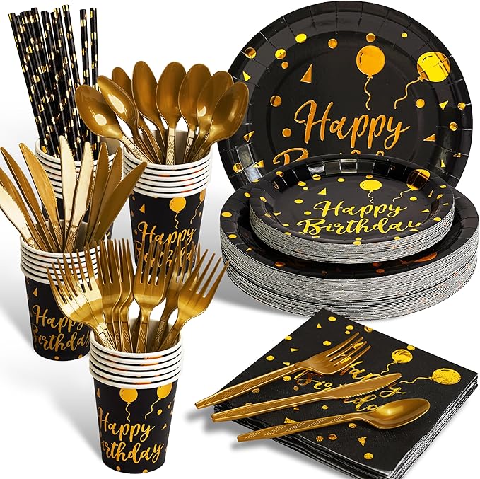 200 pieces of black and gold birthday party supplies disposable happy birthday tableware set gold plastic knives forks spoons straws. Birthday themed tray cup25Guests (black)