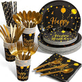 200 pieces of black and gold birthday party supplies disposable happy birthday tableware set gold plastic knives forks spoons straws. Birthday themed tray cup25Guests (black)